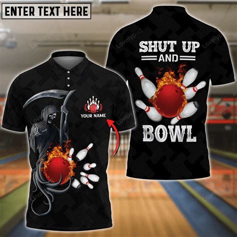 Bowling And Pins Flame Black Skull Pattern Premium Customized Name 3d Shirt Bowling Polo Shirt