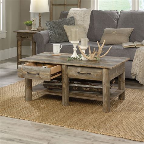 Coffee Table Rustic Farmhouse Storage Faux Drawer Wood Log Living Room Furniture 42666049726 Ebay