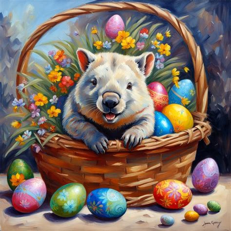 Happy Wombat With Beautiful Brightly Coloured Decorated Easter Eggs