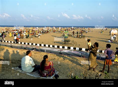 Tourists At Marina Beach In Madras Chennai Tamil Nadu India Stock