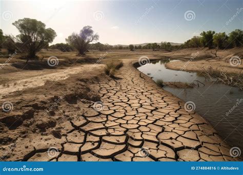 Drought Stricken Landscape With Dried Up River And Cracked Earth Stock