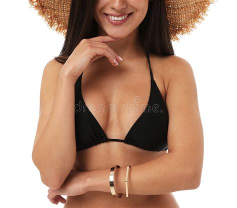 Pretty Woman With Slim Body In Black Bikini On White Background