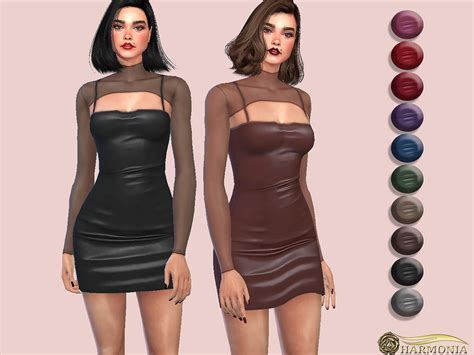 Mesh Layer Spaghetti Strap Pu Bodycon Dress The Sims 4 Catalog