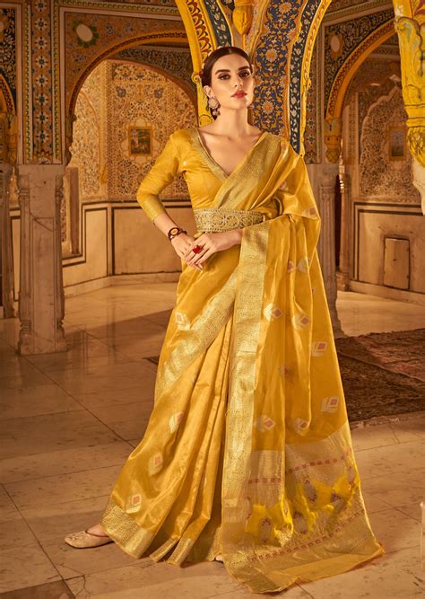 Pure Handloom Banarasi Tissue Silk Yellow Saree Sunasa