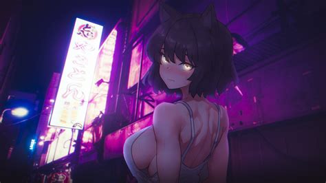 Cat Girl Anime Neon Cyberpunk Looking At Viewer Short Hair Cat Ears ...