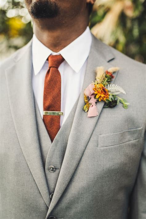 Groom Wears Grey Suit And Rust Colored Tie For October Wedding At The