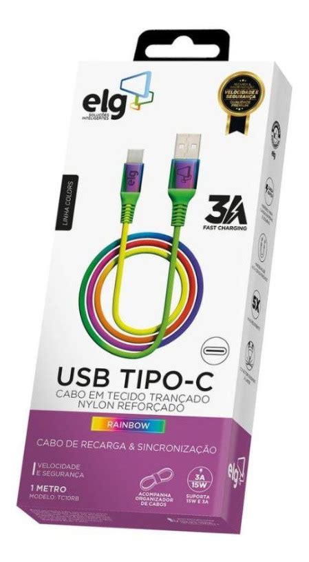 Cabo Colorido Elg Rainbow 1 Metro Tipo C Usb Em Nylon Tc10rb Mercadolivre