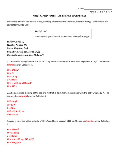 Potential Energy Calculation Worksheet