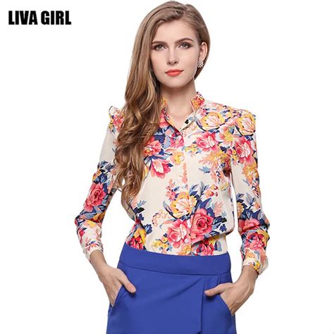 Mainland Women Blouses Mandarin Collar Floral Blouse Long Sleeve Shirt