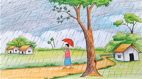 How To Draw Scenery Of Rainy Season Step By Step Youtube