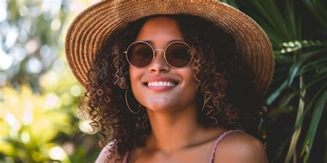 Premium Photo Radiant Young Woman Wearing A Straw Hat And Round