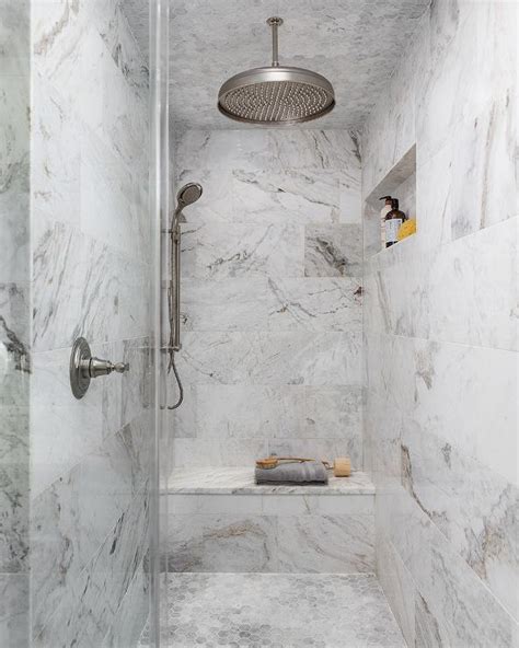 White And Pink Marble Shower Tiles Transitional Bathroom