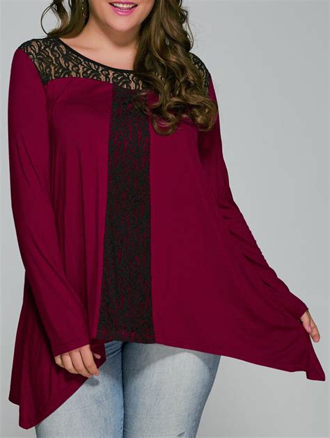 17 Off 2021 Plus Size Asymmetrical Lace Insert Blouse In Redblack