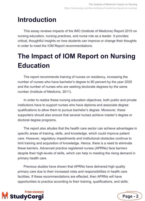 Impact Of Iom Report On Nursing Education And Practice Free