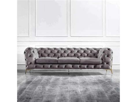 Canap Places Capitonn Chesterfield Velours Gris Carmen Gri