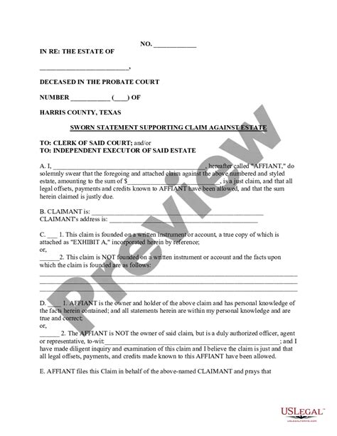 Texas Sworn Statement Supporting Claim Against Estate Tx Claim