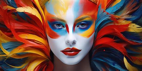 Premium Photo A Woman With Colorful Feathers On Her Face