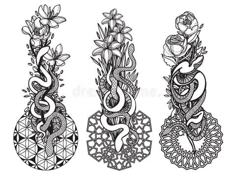 Tatouage Art Serpent Et Dessin De Fleur Et Croquis Noir Et Blanc