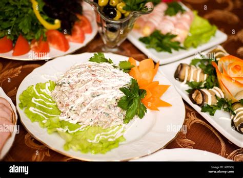 Salad Closeup Of Full Restaurant Table Stock Photo Alamy