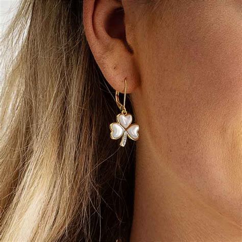 14KT Gold Vermeil Mother Of Pearl Irish Shamrock Earrings