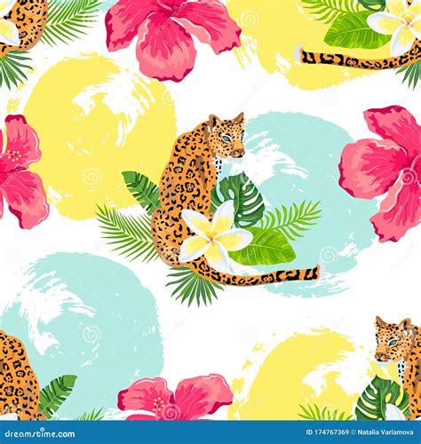 Seamless Pattern With Leopards Tropical Leaves And Flowers Stock