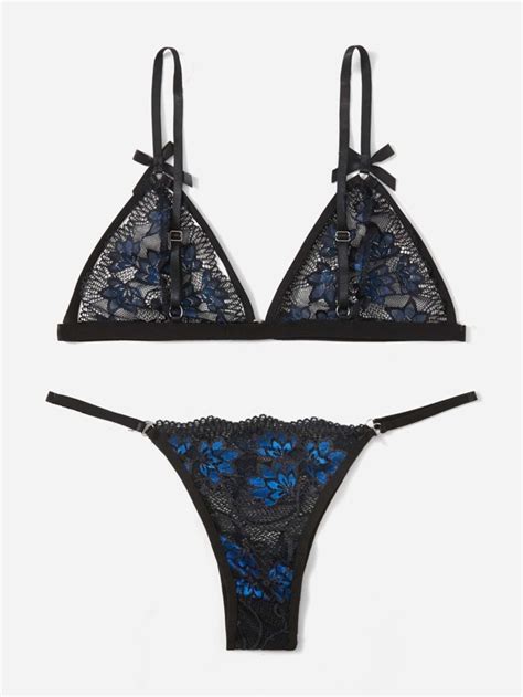 Conjunto De Lingerie Renda Floral Gravata Borboleta SHEIN Brasil