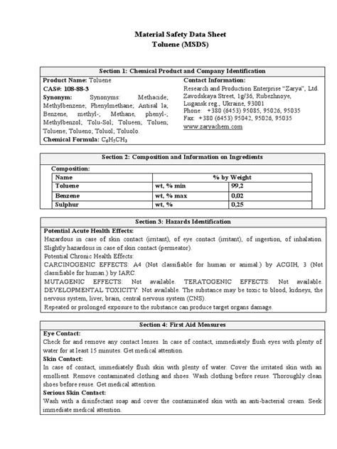 Material Safety Data Sheet Toluene Msds Download Free Pdf Toluene