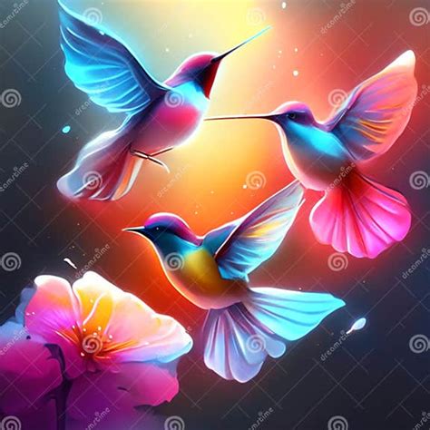 Flying Hummingbirds And Flowers On Colorful Background Vector