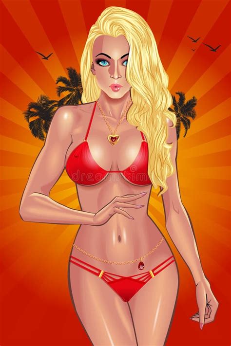 Schöne Junge Frau Im Roten Bikini Auf Dem Strand Stock Abbildung