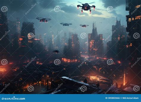 Drone Flying Over City At Night D Rendering Illustration Stock