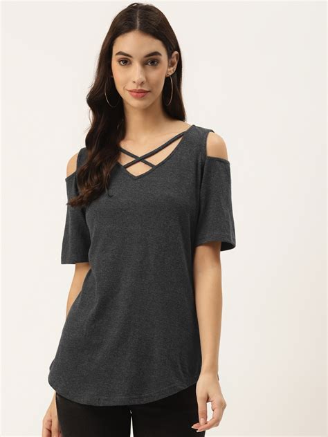 Buy Brinns Women Charcoal Grey Cotton Solid Cold Shoulder Sleeves Top Tops For Women 15981166