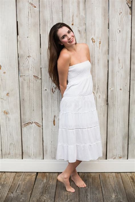 Pretty Brunette Posing In White Dress Stock Photo Image Of Person