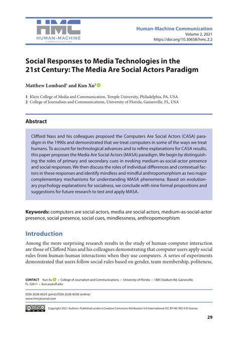 Pdf Social Responses To Media Technologies In The 21st Century The Media Are Social Actors