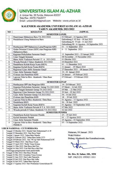 Kalender Akademik Fakultas Hukum Universitas Islam Al Azhar