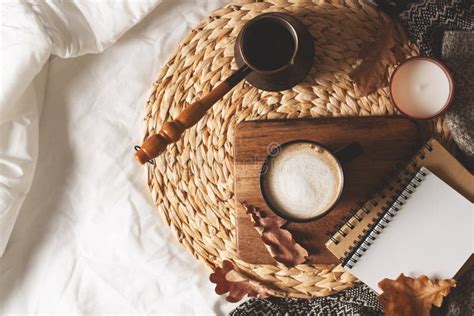 Cozy Hygge Autumn And Winter Coffee Flat Lay On Bed Stock Image Image