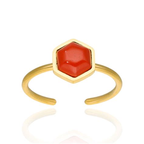 Bague Héxagone ETIKA Réglable en Acier Jaune et Jaspe Rouge AE