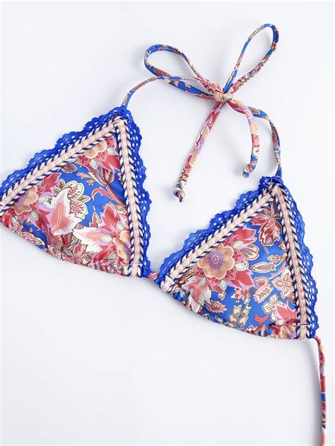 Bikinx Floral Print Bikini Set Lace Trim Crisscross Triangle Bra Top