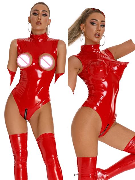 Abnehmbare Tasse Wet Look Catsuit Shiny Pu Leder Zipper Ffnen Gabelung Bodysuit Strumpfhosen Hot
