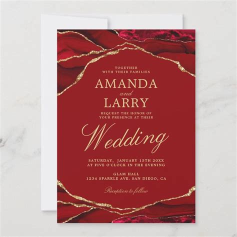 Red And Gold Agate Marble Wedding Invitation Zazzle In Marble