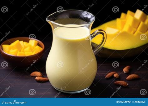 High Angle Shot Of A Jug Filled With Mango Lassi Stock Image Image Of Mango Generated 292646981