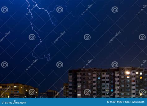 Thunderstorm With Lightning Bolt Strike Over City Moment Lightning