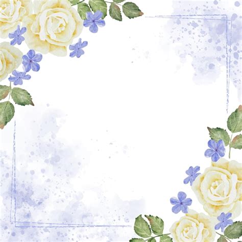 Watercolor White Rose And Plumbago Flower Bouquet Wreath Frame On