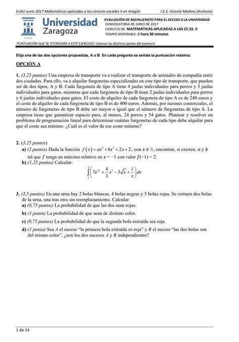 EvAU Matemáticas Aragón Exámenes y Soluciones 2024