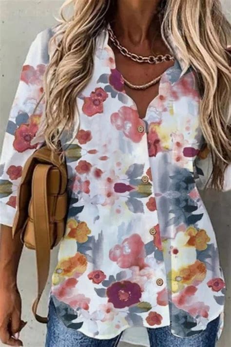 Floral Print V Neck Buttons Long Sleeves Blouse Curvedream