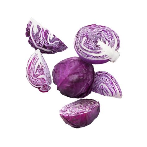 Delicious Raw Red Cabbages Falling On White Background Stock Photo