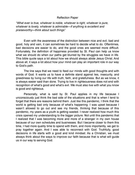 Reflection Paper, Bible Quote by John - Reflection Paper “What ever is