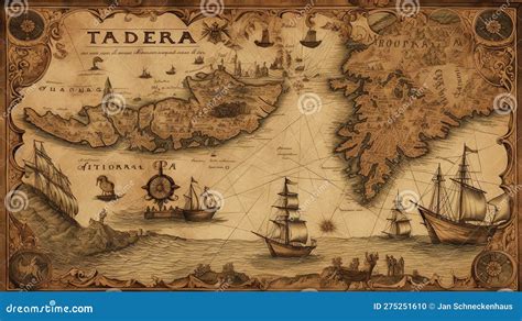 Historical Map, Treasure Map, Pirate Map with Pirate Ships, Islands and ...