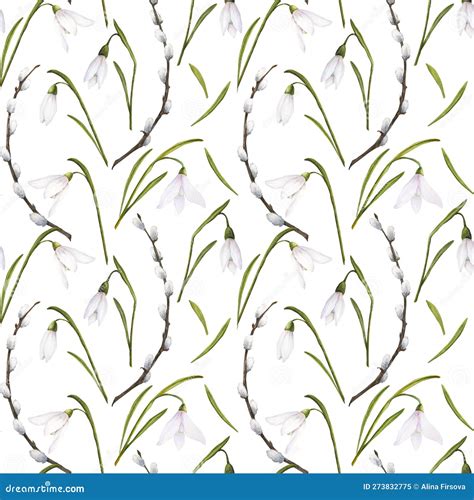 Seamless Pattern With Watercolor Illustration Of Snowdrops And Pussy Willow Branches On White