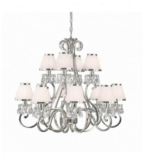 Chandelier Oksana Nickel Poli Pampilles Cristal 12 Abat Jours Blancs