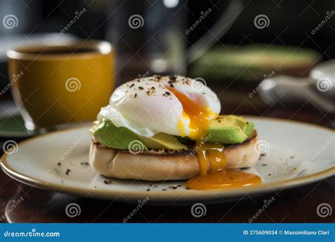 Poached Eggs On An English Muffin Topped With Avocado Mash And Amber Natural Honey Generative